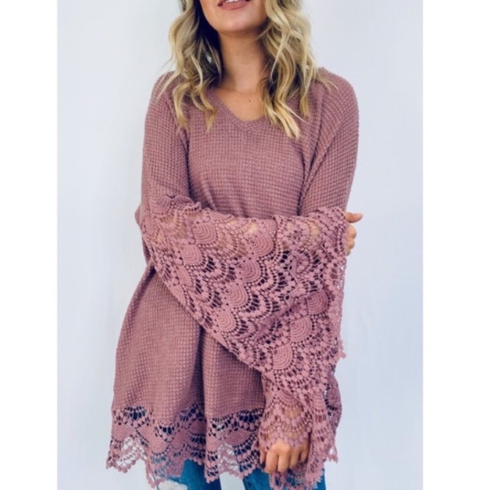 boho mauve embroidered lace bell sleeve top - Picture 4 of 4